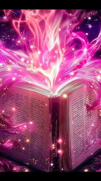 libro con fuego rosado y estrellas en el estilo de amor nocturno y romance que fluye formas