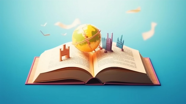 Un libro con un globo terráqueo y un libro encima.