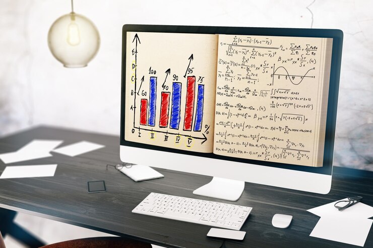 Foto libro con gráficos y fórmulas en lugar de pantalla de computadora en escritorio de madera renderización 3d
