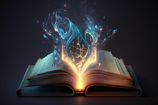 Libro de hechizos libro mágico abierto que sale energía mística AI