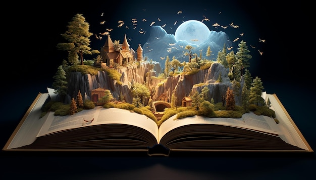 Un libro de historias abierto con la imagen de la historia en la parte superior del libro en 3D
