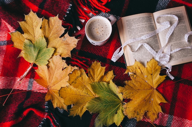 libro y hojas de otoño en cuadros rojos