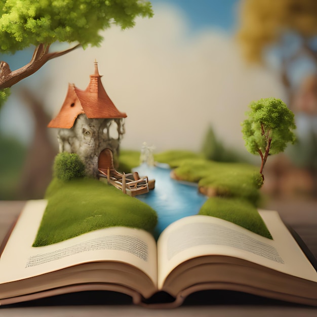 Foto un libro con una imagen de una casa y un río y un árbol