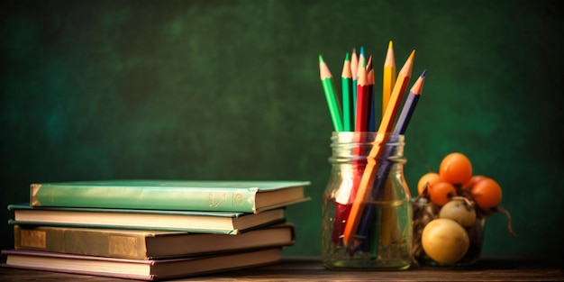 Un libro de lápices y tiza sobre una mesa contra una pizarra verde