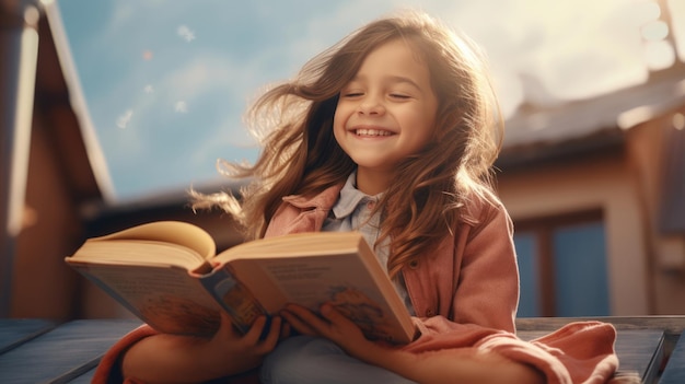 Libro de lectura infantil al aire libre Techo de la ciudad Chica feliz Niño Leer y soñar libros para niños