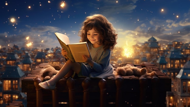 Libro de lectura infantil al aire libre Techo de la ciudad Chica feliz Niño Leer y soñar libros para niños