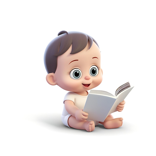 Libro de lectura infantil de dibujos animados en 3D sobre fondo blanco