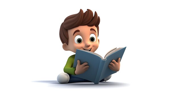 Libro de lectura infantil de dibujos animados en 3D sobre fondo blanco