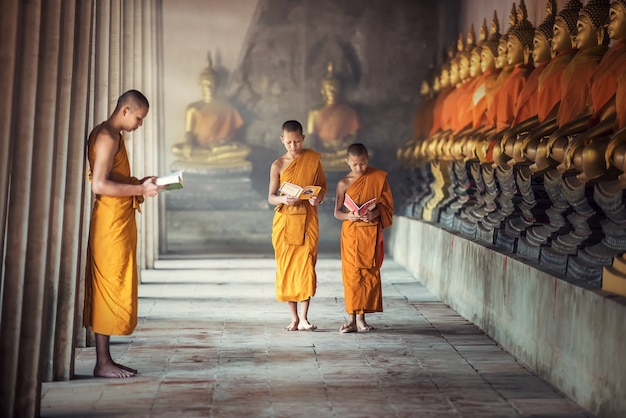 Libro de lectura de monjes novicios dentro del monasterio en la provincia de Ayutthaya, Tailandia