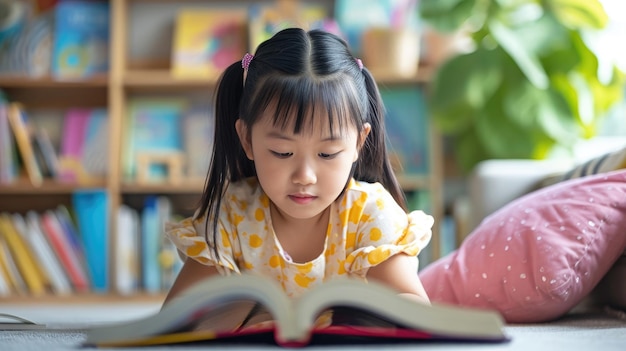 Libro de lectura de niños asiáticos en casa