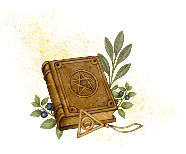 Libro de magia antiguo con símbolo de pentagrama triángulo encanto de ojos y hierbas dibujo pintado a mano acuarela