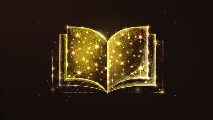 Libro de magia dorado abstracto con estrellas en un fondo oscuro libro de magia o leyenda