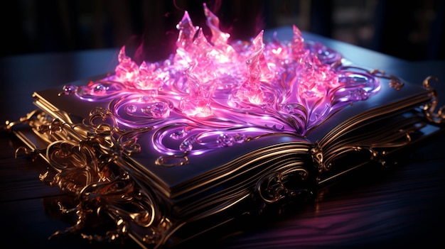 Libro mágico abierto con color rosa neón en fondo oscuro