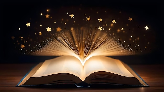 Libro mágico entre las estrellas doradas brillantes