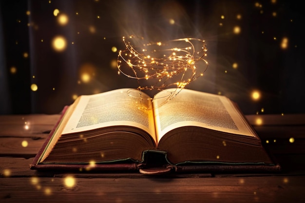 Libro mágico con luces saliendo del libro en un fondo borroso Concepto de aprendizaje y educación