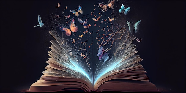 Libro mágico con luz mágica y mariposas en la oscuridad.