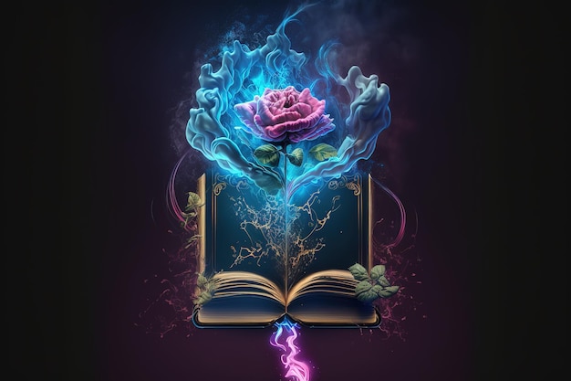 Un libro mágico con una rosaHermosa ilustración mágica fantástica Misteriosa magia AI
