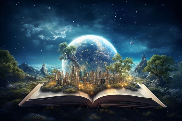 Un libro mágico con la tierra estatuada en el cielo.
