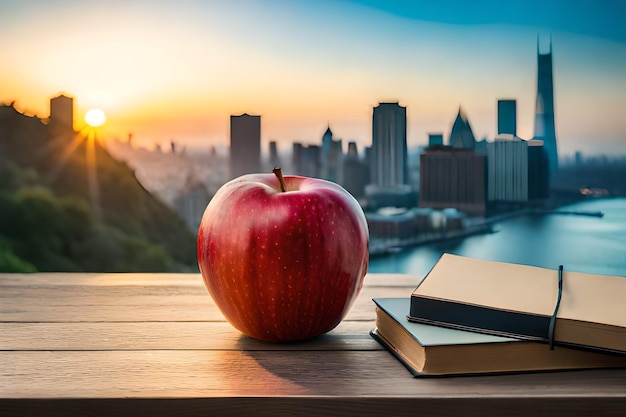 Un libro y una manzana roja se sientan en una mesa con una ciudad al fondo