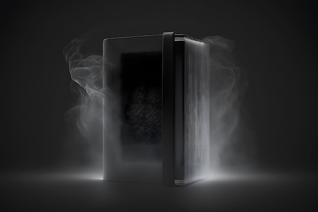 Libro de maquetas negro vertical de tapa dura sobre fondo negro con red neuronal de humo