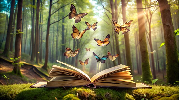 un libro con mariposas que vuelan a su alrededor y un libro con las palabras mariposas volando en el fondo