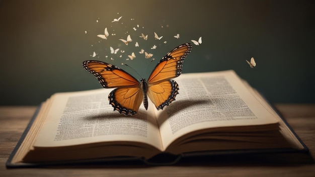 un libro con mariposas volando a su alrededor y una mariposa volando en el aire