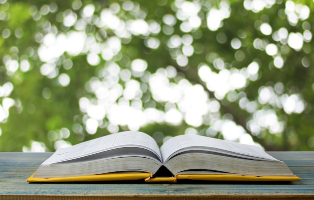 libro en la mesa sobre fondo verde bokeh