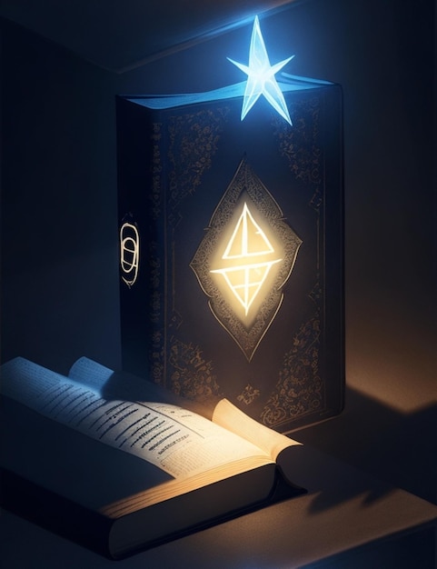 Un libro misterioso con un extraño símbolo en la portada iluminado por un solo rayo de luna