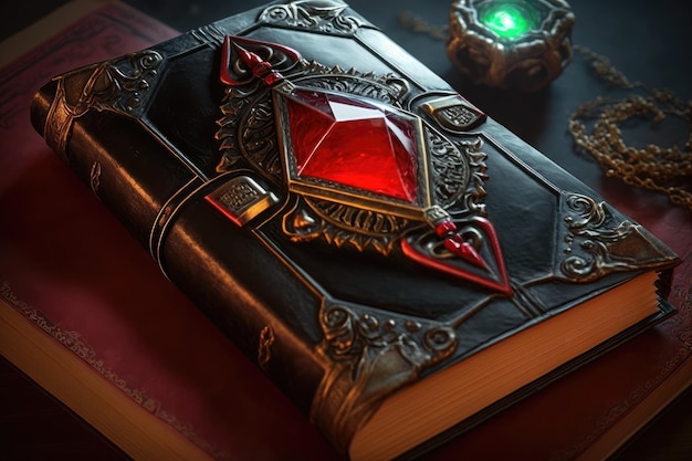 Un libro misterioso con un marcador de piedras preciosas rojo brillante y una cubierta de cuero negro sentado en un altar