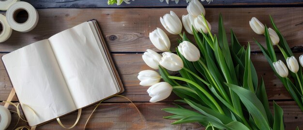 libro de notas de maqueta vacío abierto con flores de tulipanes blancos en flor y cinta brillante acostado a su lado