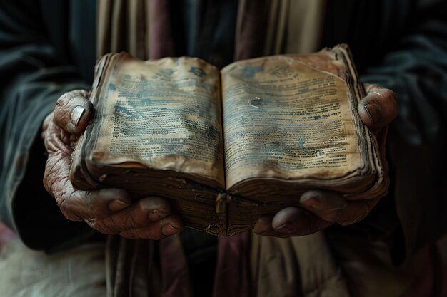 Foto libro de oraciones de papiro en las manos de un monje