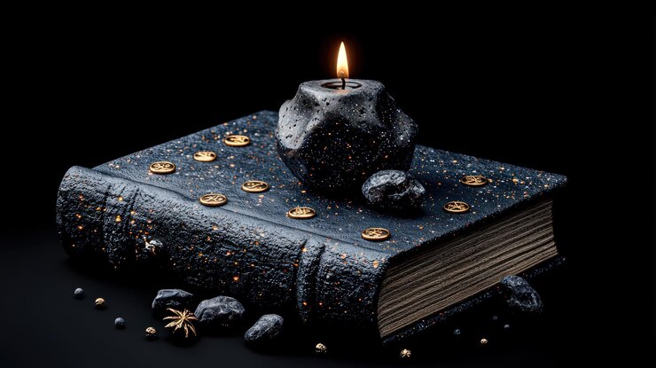 Libro oscuro con cristales de vela y piedras decorativas sobre fondo negro