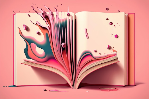 Libro con páginas que se transforman en coloridas formas abstractas que simbolizan la creatividad y la imaginación en un fondo rosado suave