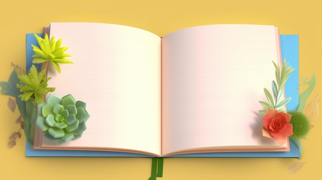 Un libro con una planta en él.