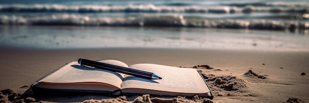 Un libro en la playa con un bolígrafo.