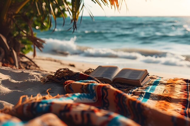 Foto un libro en una playa con el océano en el fondo