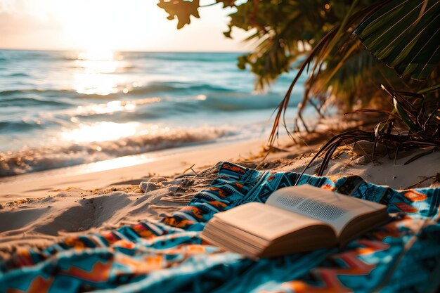 un libro en una playa con el océano en el fondo