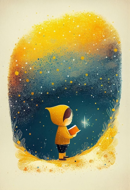 Libro de portada de un niño parado en el universo con lindas estrellitas Creado con tecnología de IA generativa