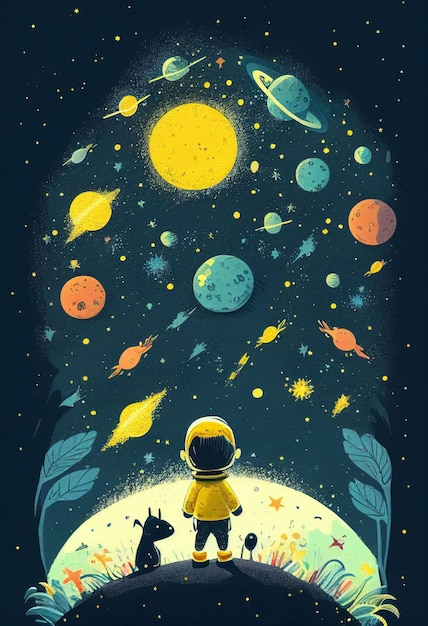 Foto libro de portada de un niño parado en el universo con lindas estrellitas creado con tecnología de ia generativa