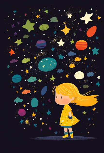 Libro de portada de un niño parado en el universo con lindas estrellitas Creado con tecnología de IA generativa