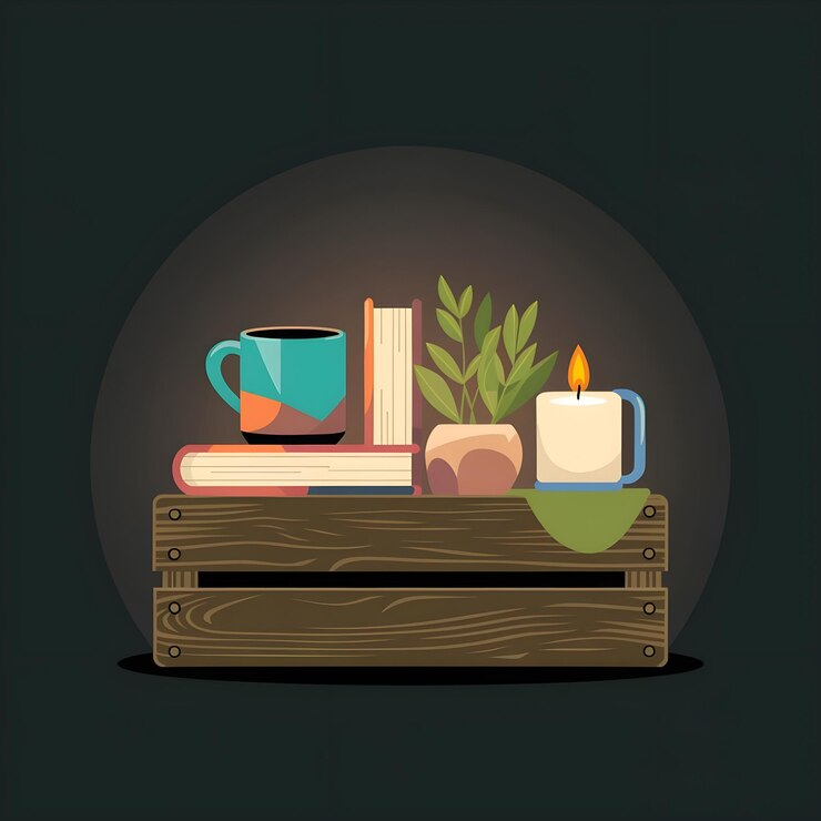 un libro que está en un estante con una taza de té y un libro