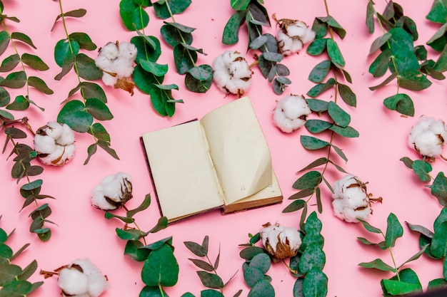 Libro de recetas con ramas de algodón y eucalipto sobre fondo rosa. Vista superior