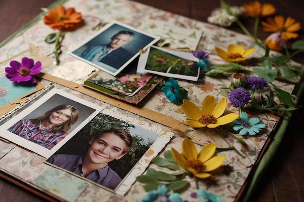 Foto libro de recortes con flores prensadas y fotos