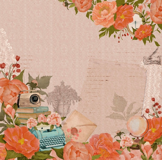 Libro de recortes papel máquina de escribir radio carta rosas antiguas globo retro peonía libélula inscripción encaje