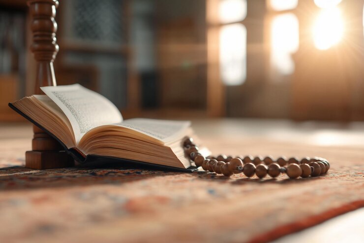 Libro religioso abierto cuentas de oración mezquita iluminada por el sol