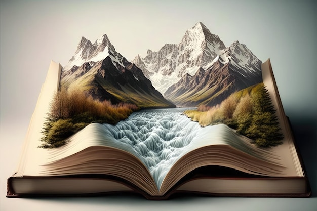 Libro con un río y una montaña