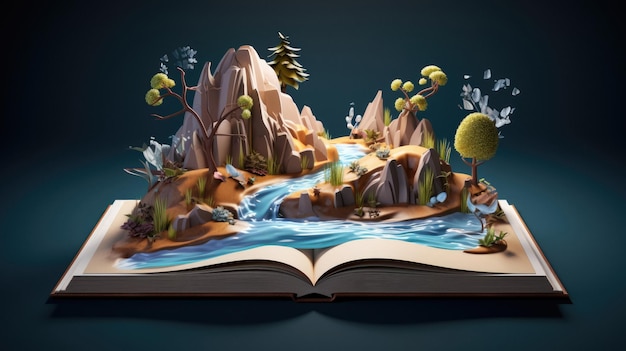 un libro con un río y montañas en la portada.