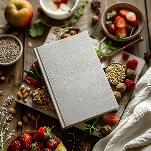 Un libro rodeado de frutas y nueces en una mesa de madera