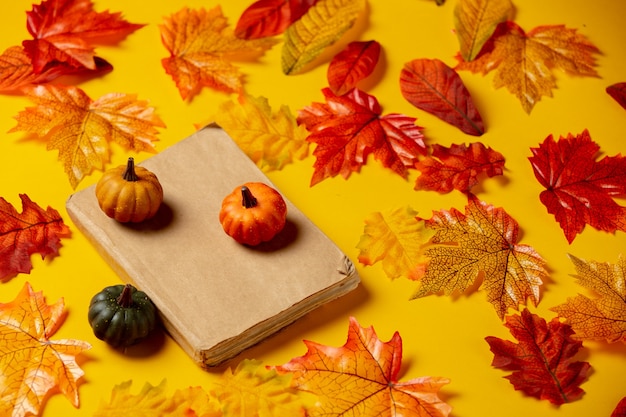 Libro romántico y calabaza con hojas de otoño sobre fondo amarillo. Vista superior