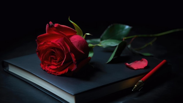 Un libro con una rosa roja en él.